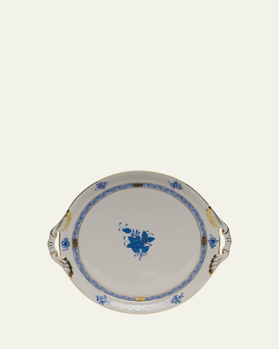Chinese Bouquet Blue Round Tray with Handles